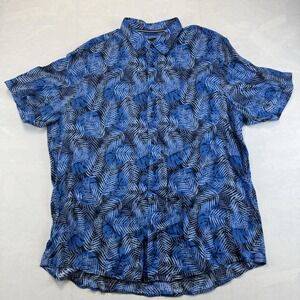 Christian Berg Men's 2XL Pure Linen Shirt Blue Tropical Leaf Short Sleeve